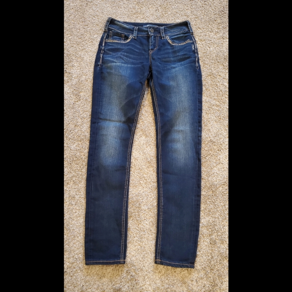 Women's Silver Jeans 27 x 31 Suki Mid-Skinny Super Stretch Flap Pockets Dark